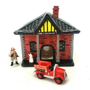 YULETIDE Vintage Christmas Village "Fire Station"  Fire Station #7  With Truck